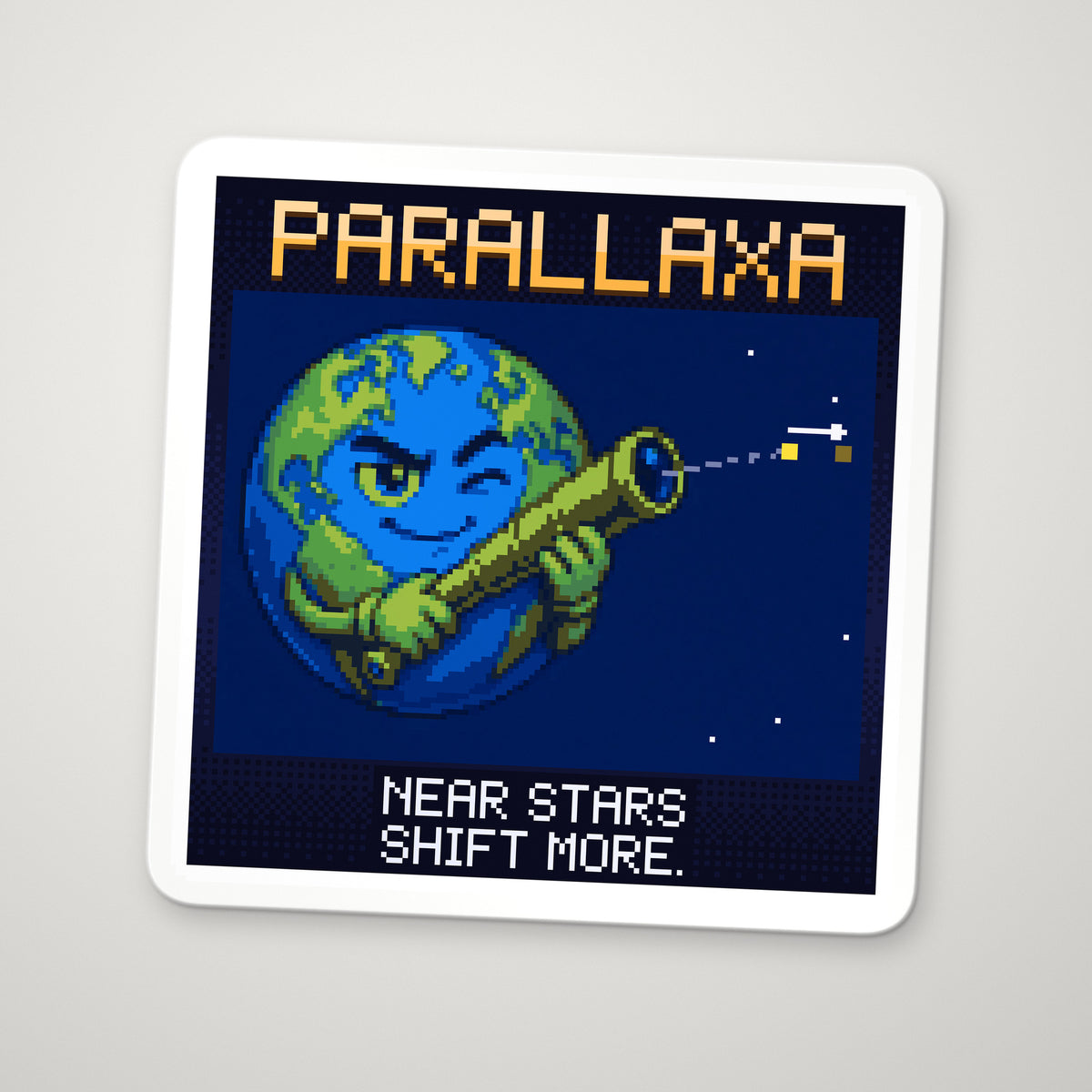 Pixel-art sticker of Parallaxa, personifying Stellar Parallax, with the caption “Near Stars Shift More.”