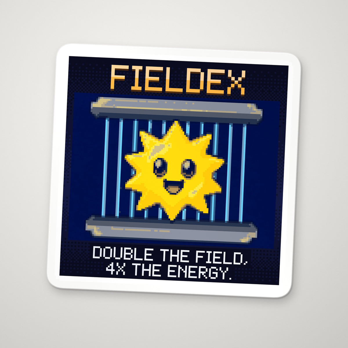 Pixel-art sticker of Fieldex, personifying Electric Field Energy Density, with the caption “Double The Field, 4X The Energy.”