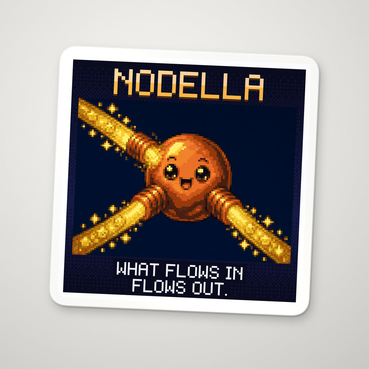 Pixel-art sticker of Nodella, personifying Kirchhoff's Current Law, with the caption “What Flows In Flows Out.”