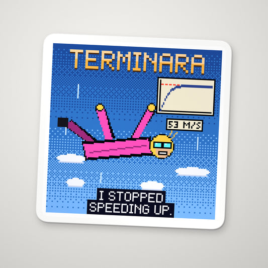 Terminara pixel-art physics sticker – a skydiver at terminal velocity