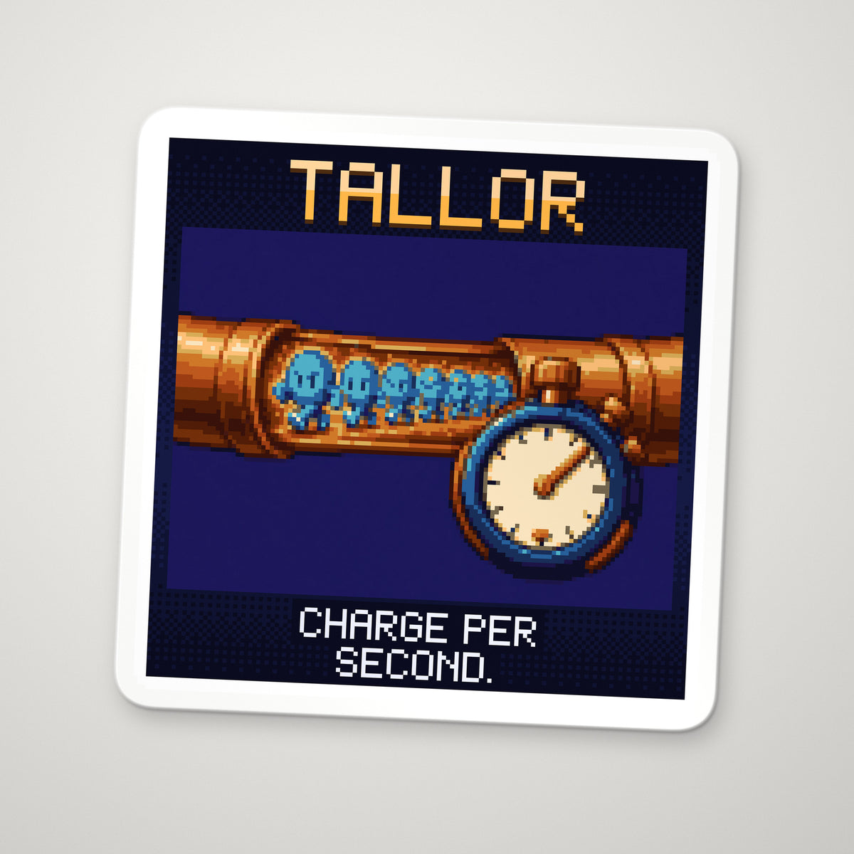 Pixel-art sticker of Tallor, personifying Charge and Current, with the caption “Charge Per Second.”