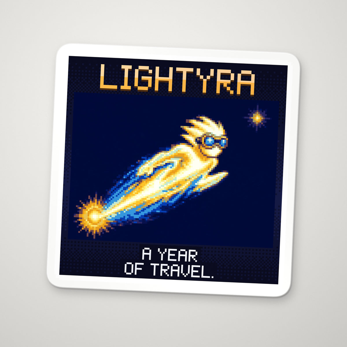 Pixel-art sticker of Lightyra, personifying Light-Year, with the caption “A Year Of Travel.”