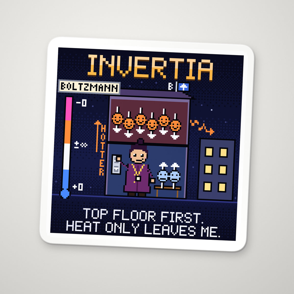 Invertia navy pixel-art physics sticker, negative temperature