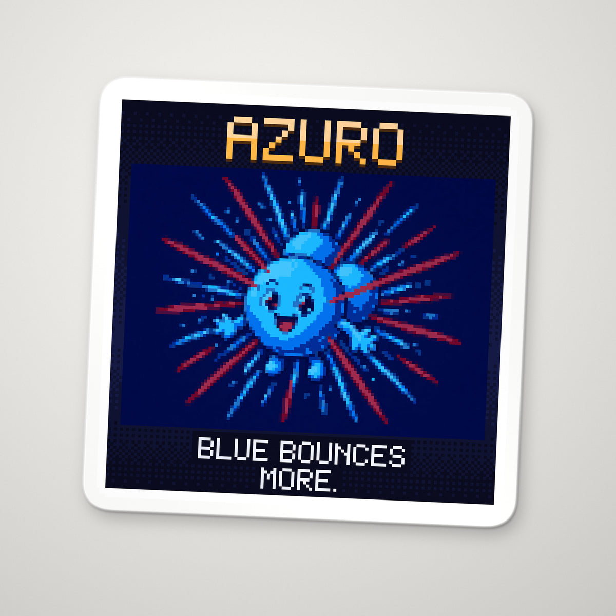 Pixel-art sticker of Azuro, personifying Rayleigh Scattering, with the caption “Blue Bounces More.”