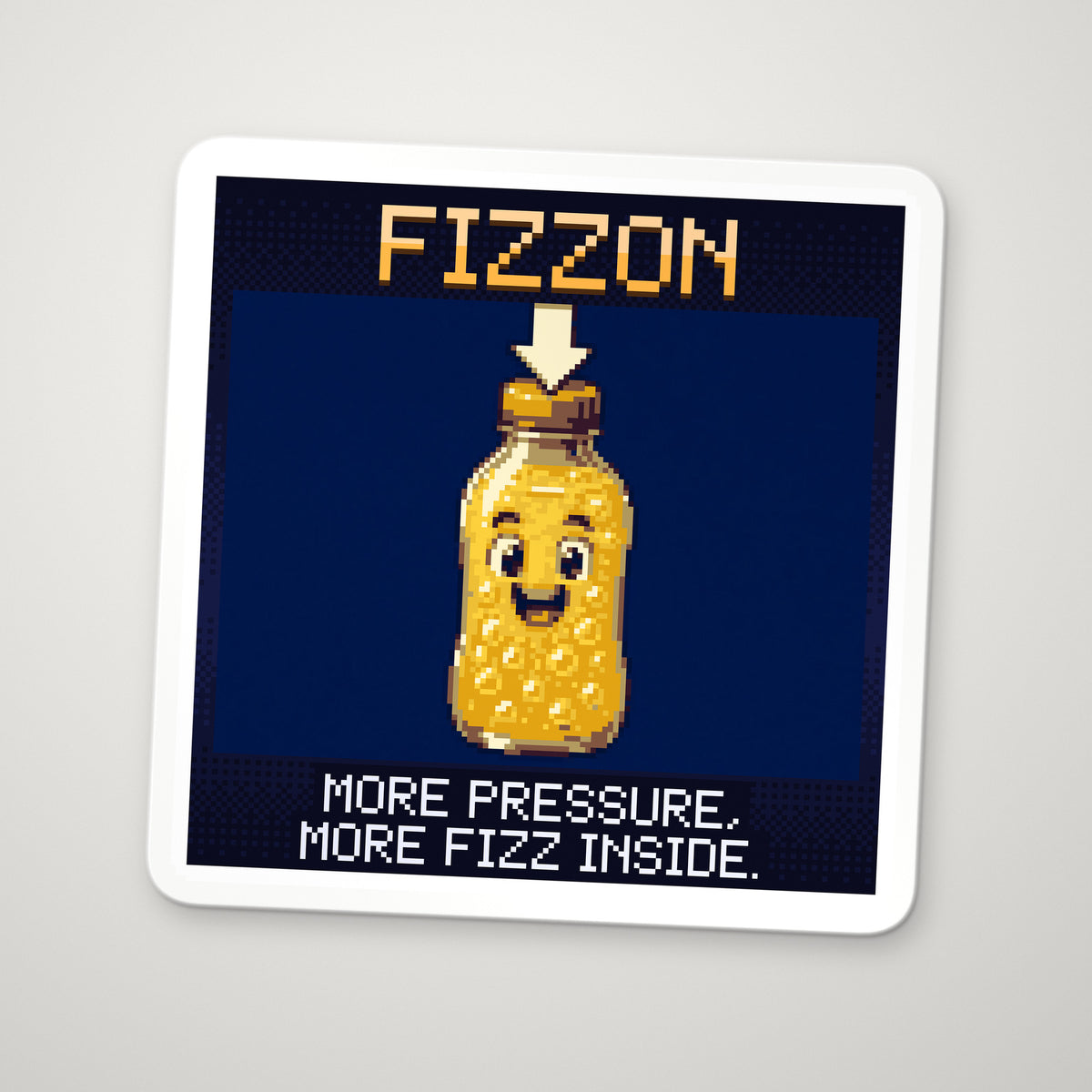 Pixel-art sticker of Fizzon, personifying Henry's Law, with the caption “More Pressure, More Fizz Inside.”