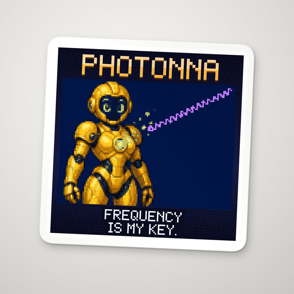 Pixel-art sticker of Photonna, personifying Photoelectric Effect, with the caption “Frequency Is My Key.”