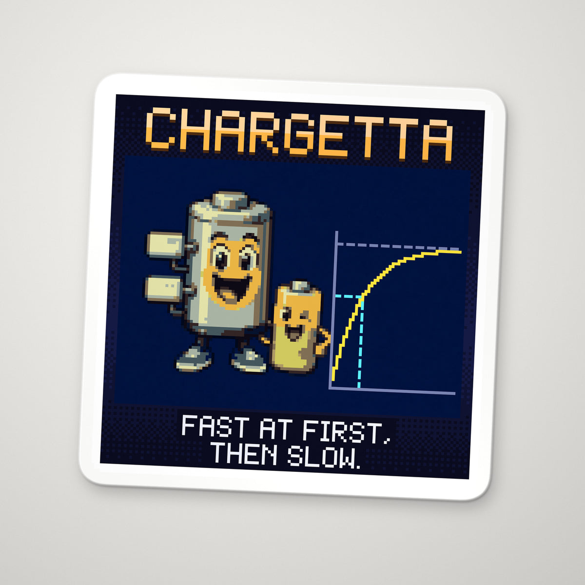 Pixel-art sticker of Chargetta, personifying RC Circuit, with the caption “Fast At First, Then Slow.”