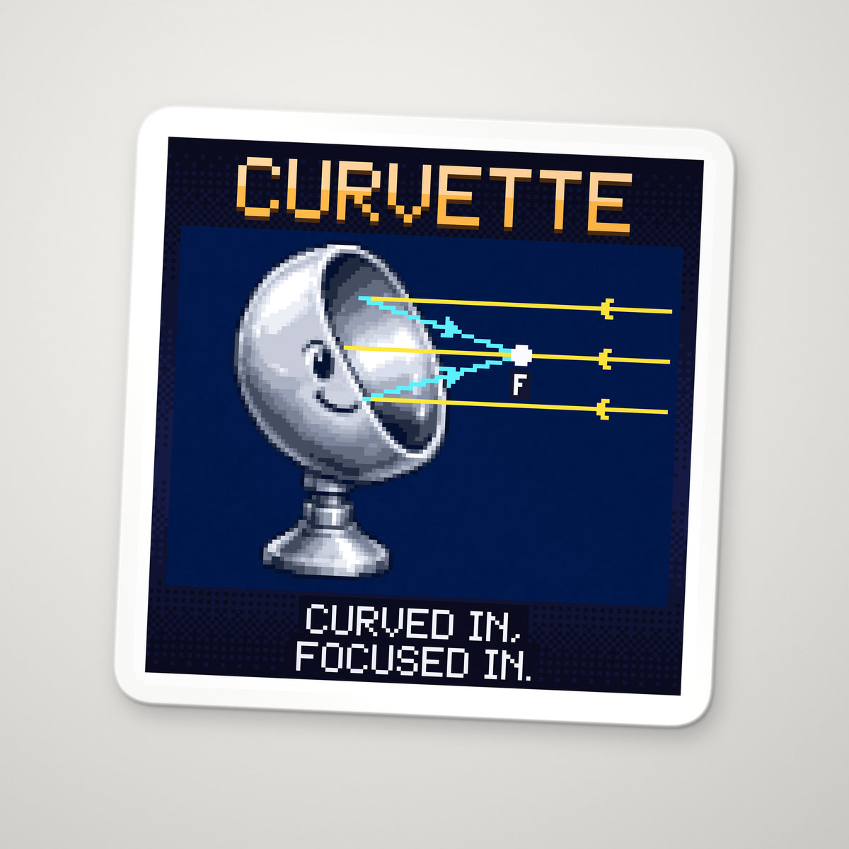 Pixel-art sticker of Curvette, personifying Concave Mirror, with the caption “Curved In, Focused In.”