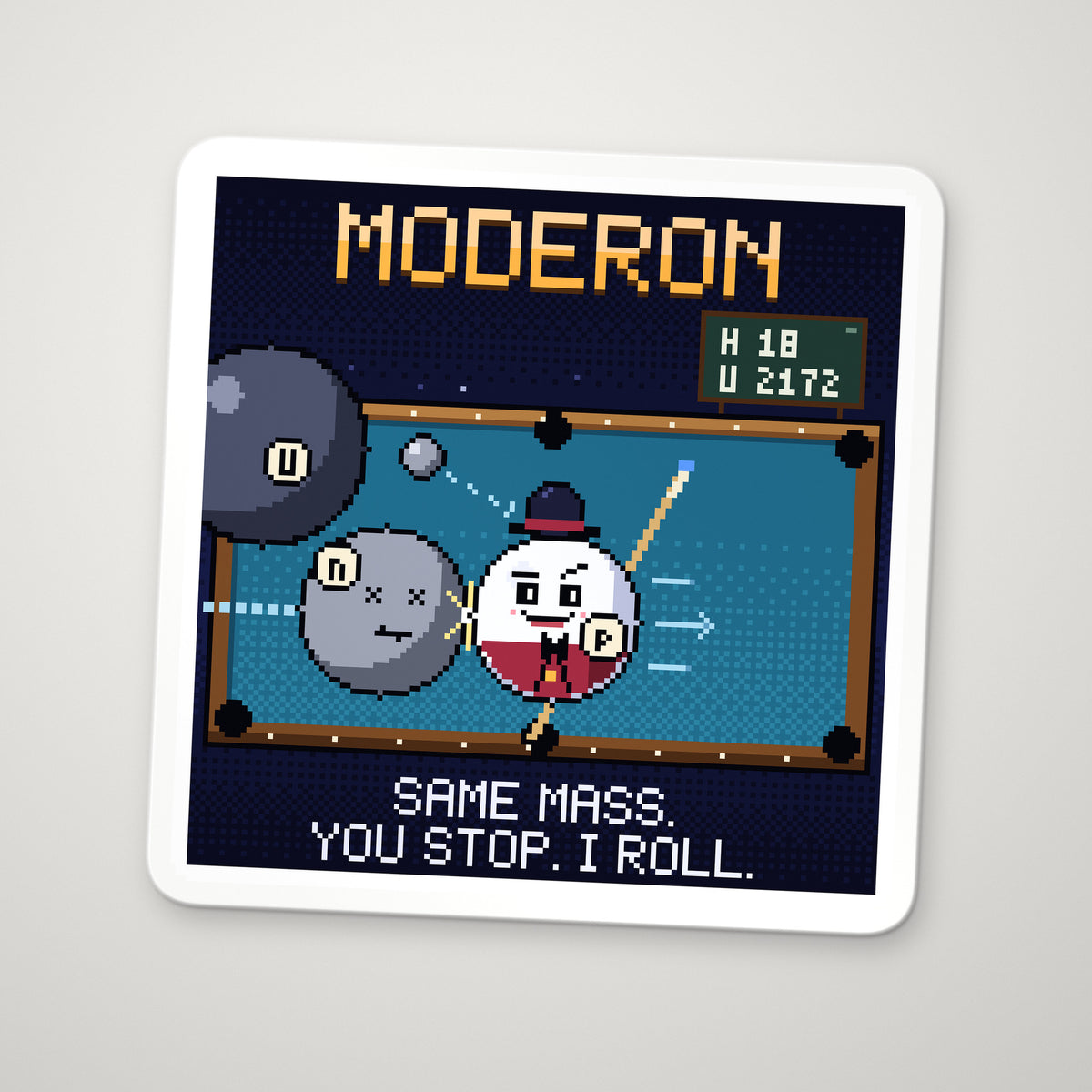 Moderon navy pixel-art physics sticker, neutron moderation