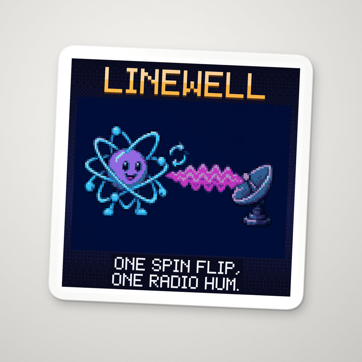 Pixel-art sticker of Linewell, personifying 21 cm Line, with the caption “One Spin Flip, One Radio Hum.”