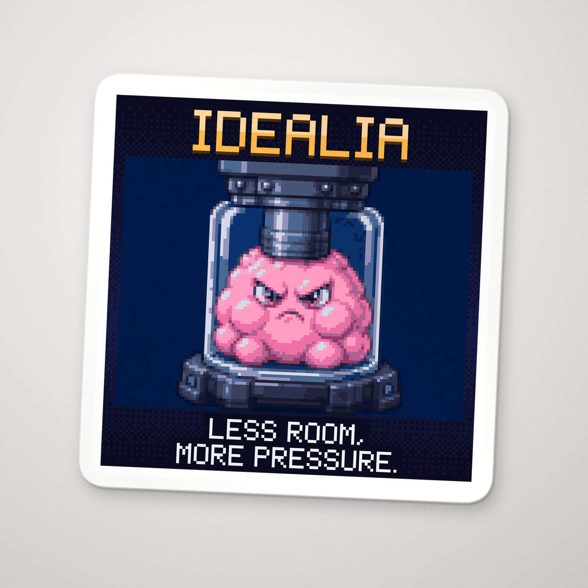 Pixel-art sticker of Idealia, personifying Ideal Gas Law, with the caption “Less Room, More Pressure.”