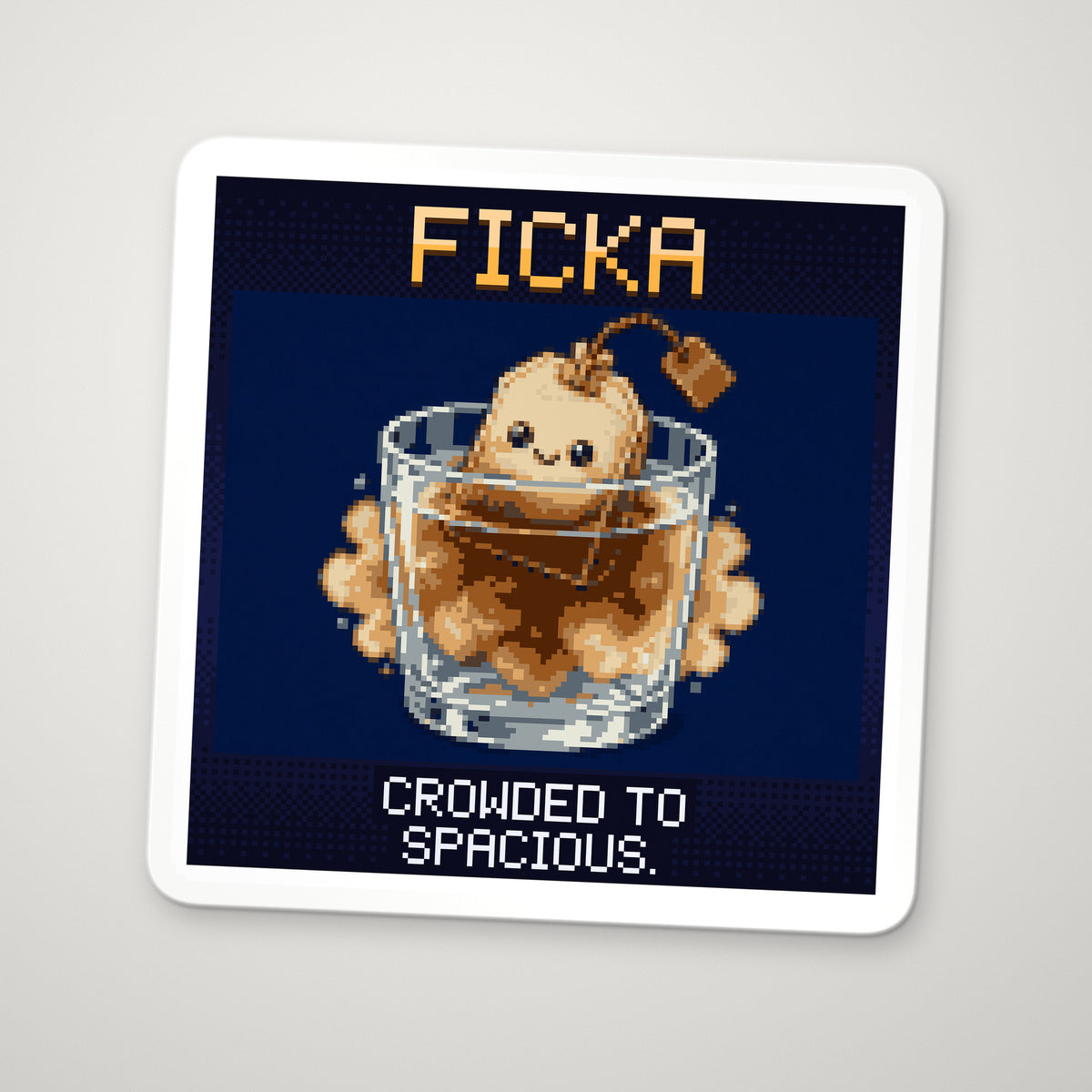 Pixel-art sticker of Ficka, personifying Fick's Law, with the caption “Crowded To Spacious.”