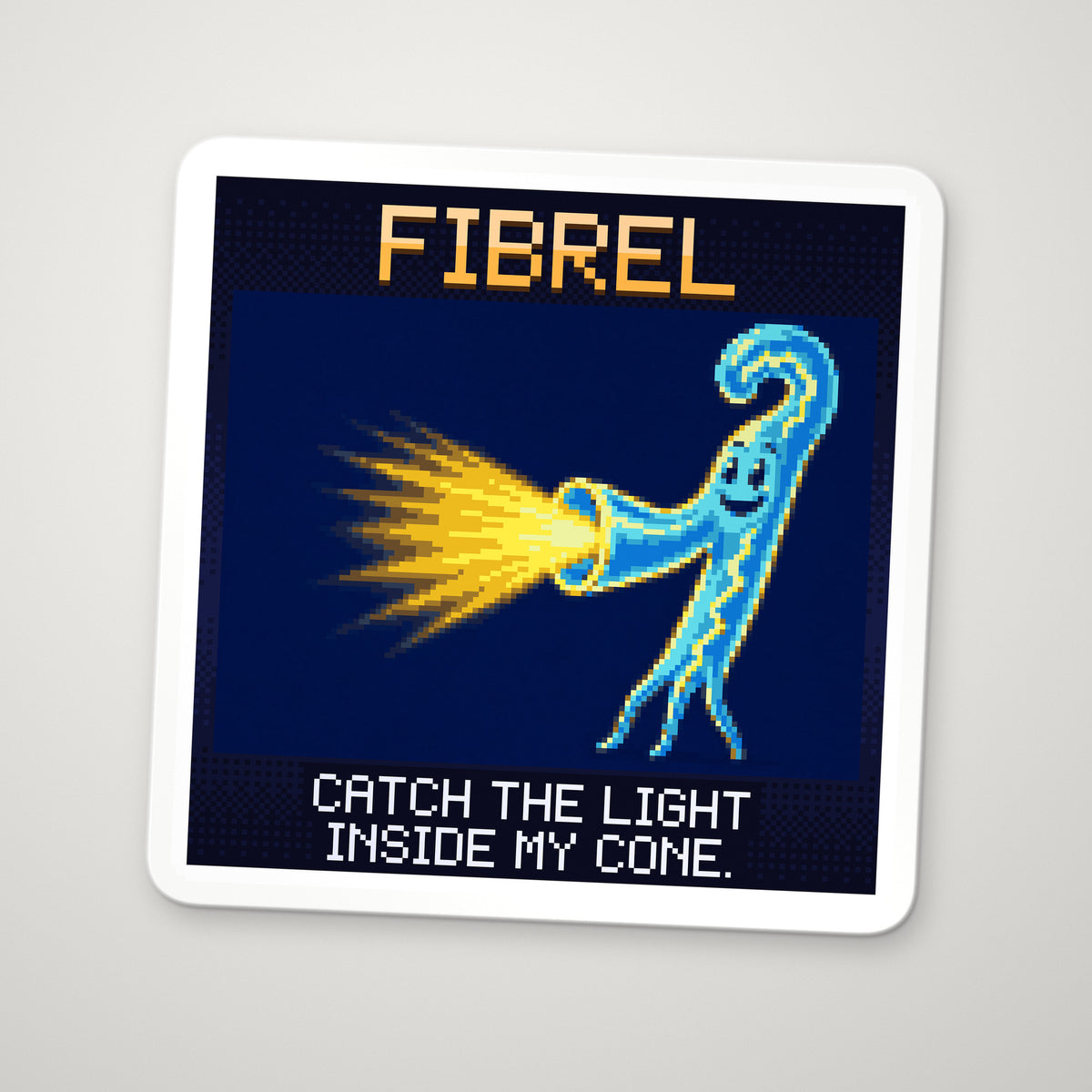 Pixel-art sticker of Fibrel, personifying Numerical Aperture of an Optical Fibre, with the caption “Catch The Light Inside My Cone.”