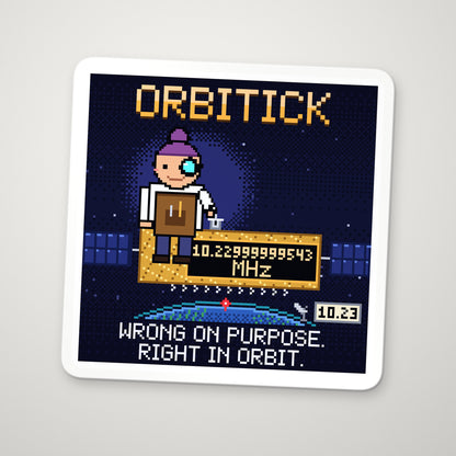 Orbitick navy pixel-art physics sticker, GPS clock correction