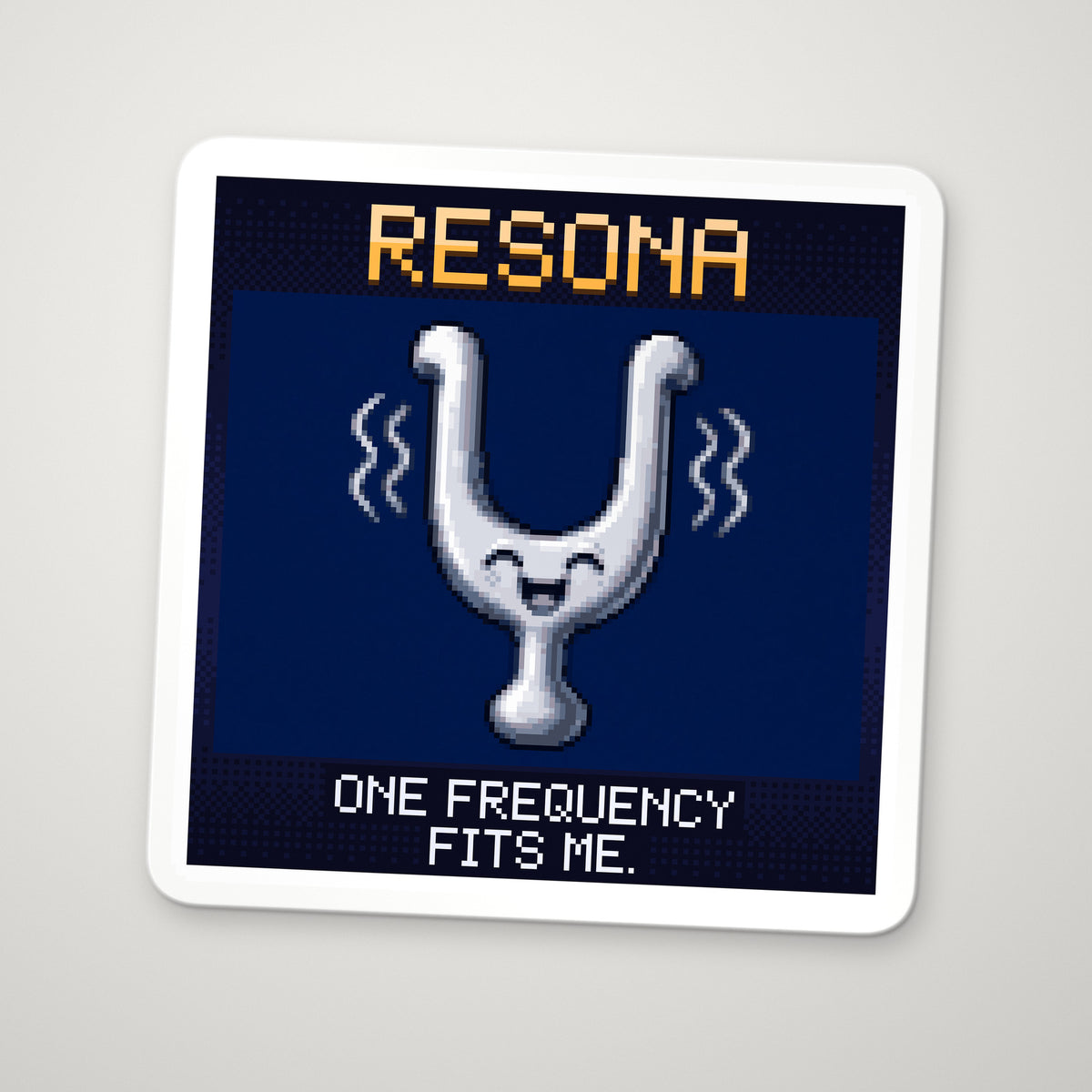 Pixel-art sticker of Resona, personifying Resonance, with the caption “One Frequency Fits Me.”