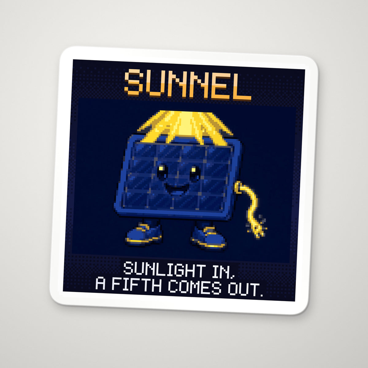 Pixel-art sticker of Sunnel, personifying Solar Cell Efficiency, with the caption “Sunlight In, A Fifth Comes Out.”