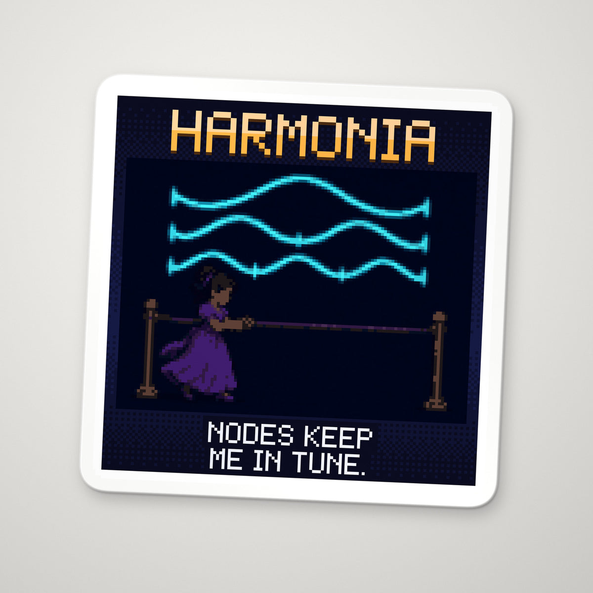Pixel-art sticker of Harmonia, personifying Standing Waves on a String, with the caption "Nodes Keep Me In Tune."