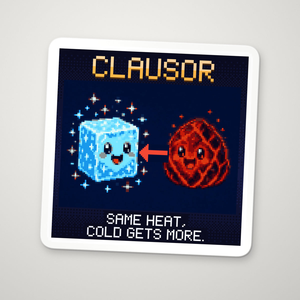 Pixel-art sticker of Clausor, personifying Entropy Change, with the caption “Same Heat, Cold Gets More.”