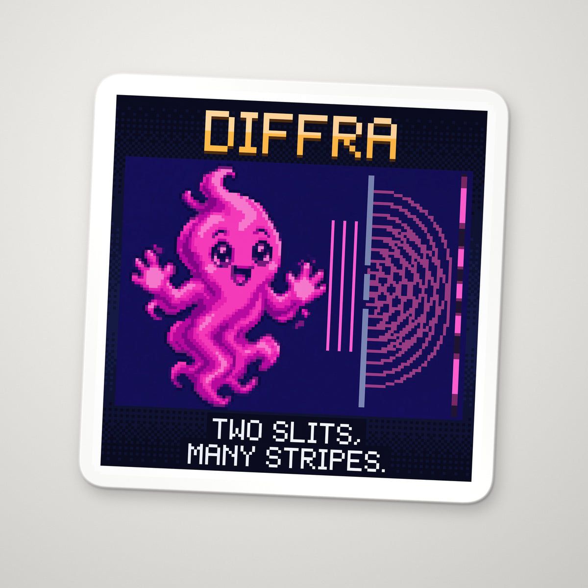 Pixel-art sticker of Diffra, personifying Double-Slit Interference, with the caption “Two Slits, Many Stripes.”