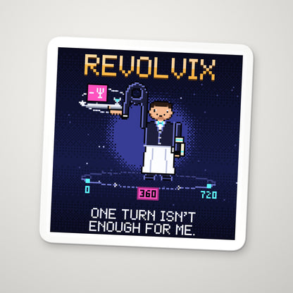 Revolvix navy pixel-art physics sticker, spinor rotation