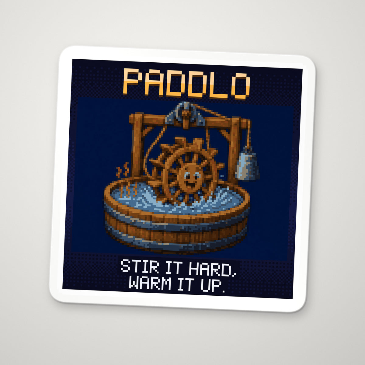 Pixel-art sticker of Paddlo, personifying Mechanical Equivalent of Heat, with the caption “Stir It Hard, Warm It Up.”