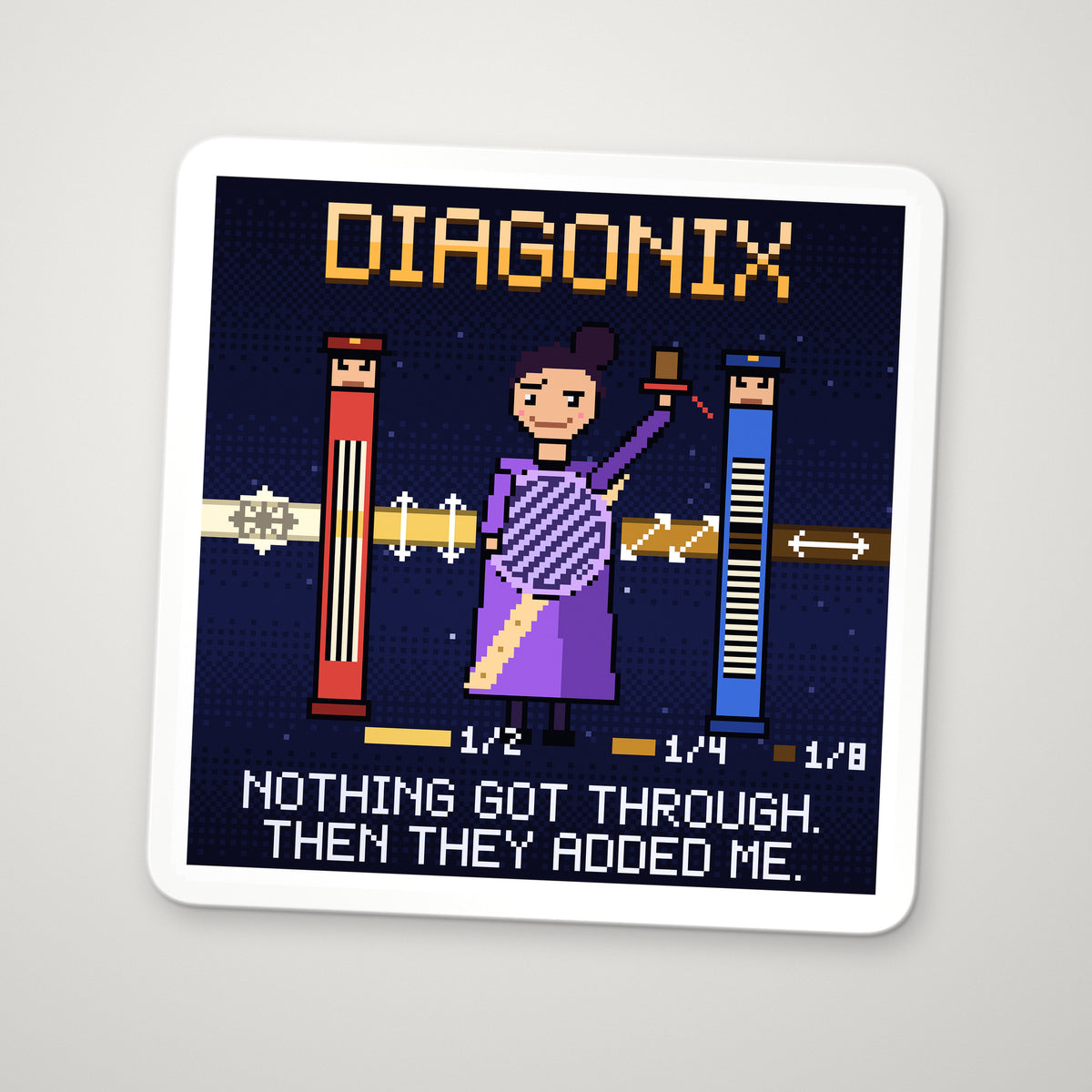 Diagonix navy pixel-art physics sticker, Malus’s law