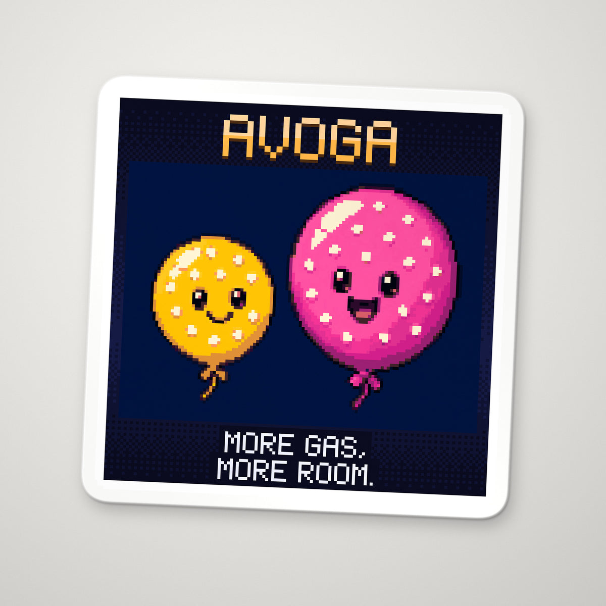 Pixel-art sticker of Avoga, personifying Avogadro's Law, with the caption “More Gas, More Room.”