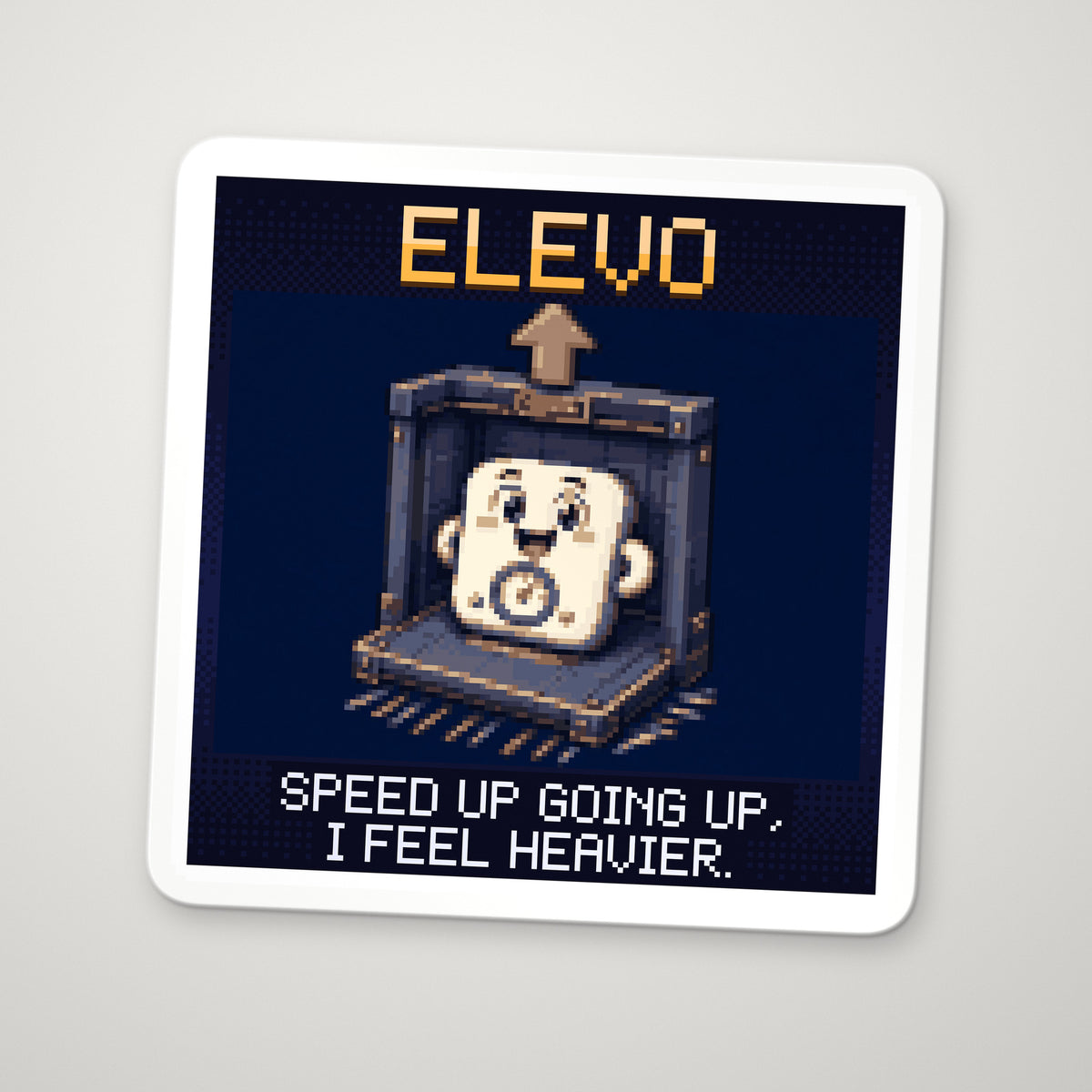 Pixel-art sticker of Elevo, personifying Apparent Weight in an Elevator, with the caption “Speed Up Going Up, I Feel Heavier.”