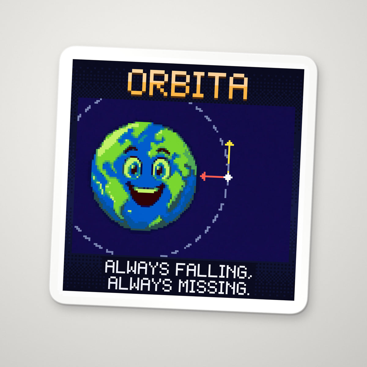 Pixel-art sticker of Orbita, personifying Orbital Speed, with the caption “Always Falling, Always Missing.”