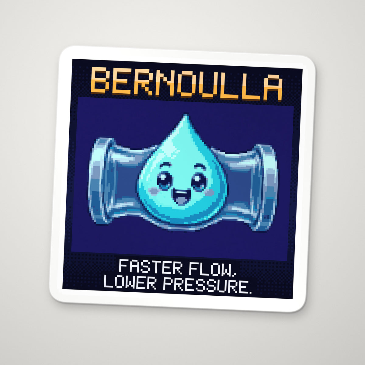 Pixel-art sticker of Bernoulla, personifying Bernoulli's Principle, with the caption “Faster Flow, Lower Pressure.”