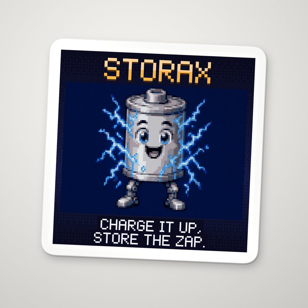 Pixel-art sticker of Storax, personifying Energy in a Capacitor, with the caption “Charge It Up, Store The Zap.”