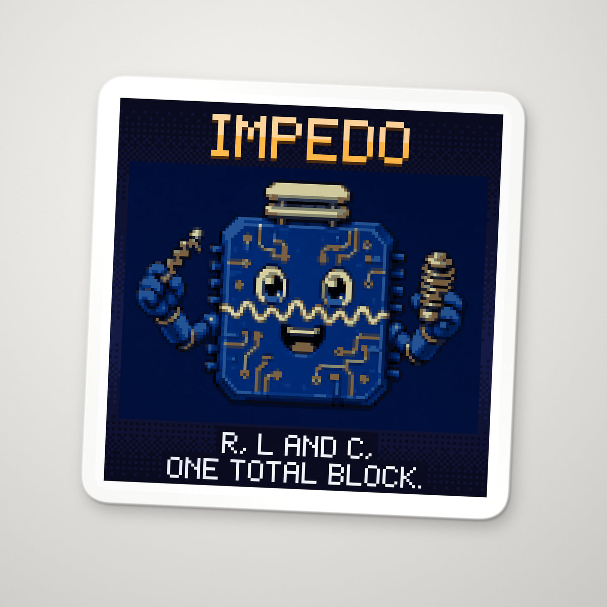 Pixel-art sticker of Impedo, personifying Impedance of a Series RLC Circuit, with the caption “R, L And C, One Total Block.”