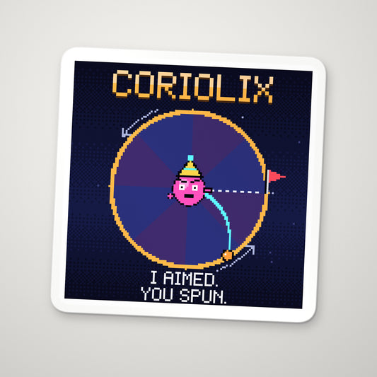 Coriolix pixel-art physics sticker – the Coriolis effect on a spinning carousel