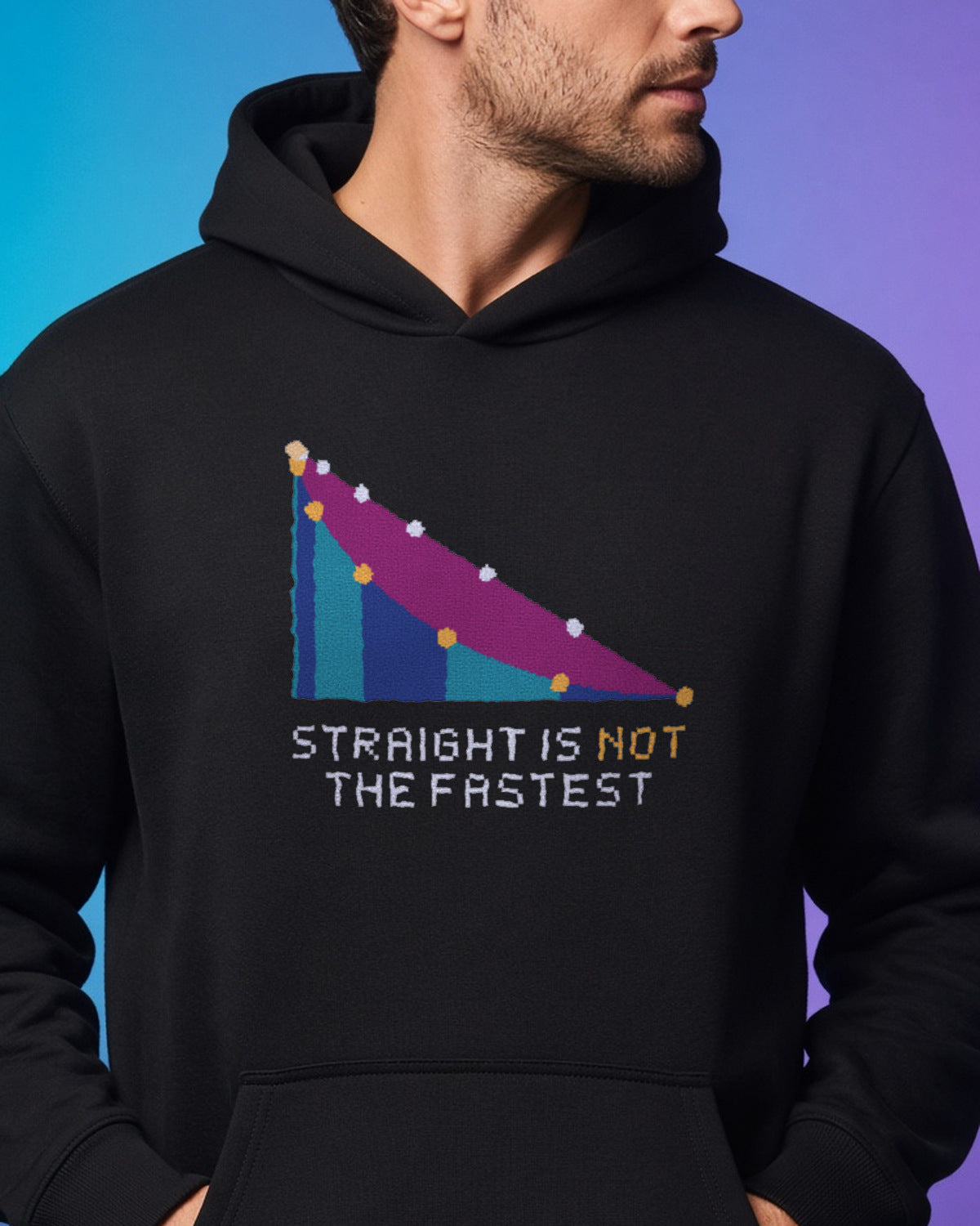 Black Brachistochrone physics hoodie, pixel-art brachistochrone cycloid design, worn by a model, front close-up