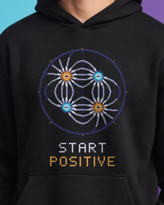 Black Field Lines physics hoodie, pixel-art electric quadrupole field design, worn by a model, front close-up
