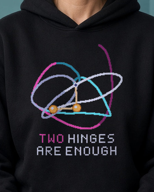 Black Double Pendulum physics hoodie, pixel-art chaotic double pendulum design, worn by a model, front close-up