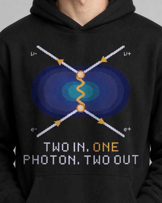 Black Feynman Diagram physics hoodie, pixel-art electron-positron annihilation design, worn by a model, front close-up