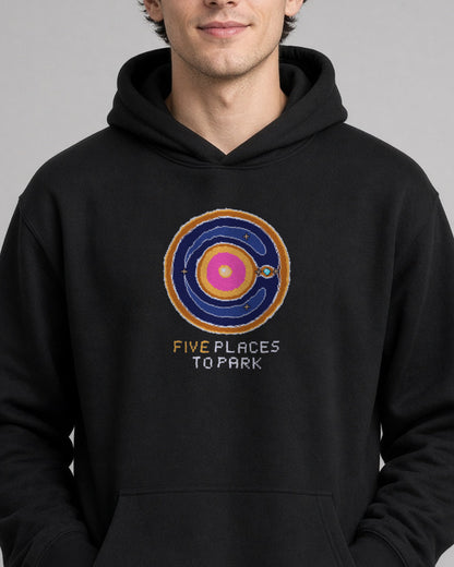 Black Lagrange Points physics hoodie, pixel-art Lagrange points design, worn by a model, front close-up