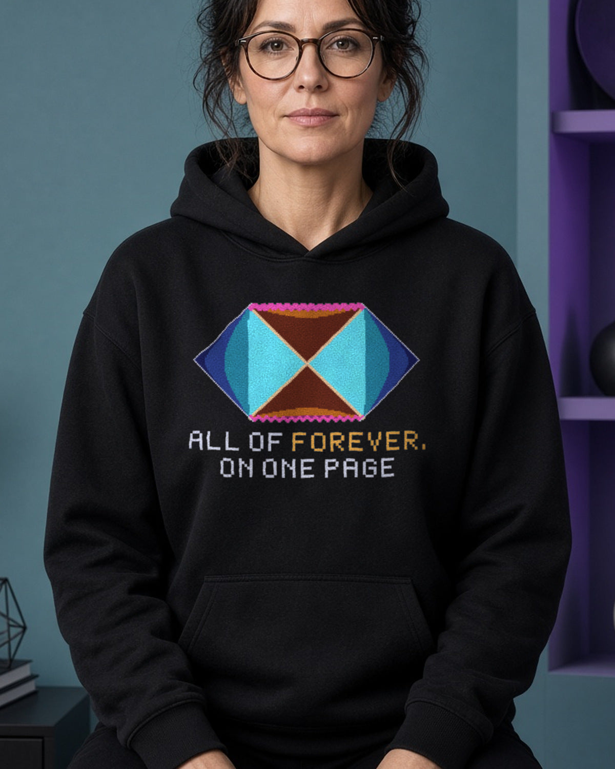Black Penrose Diagram physics hoodie, pixel-art Schwarzschild spacetime design, worn by a model, front close-up