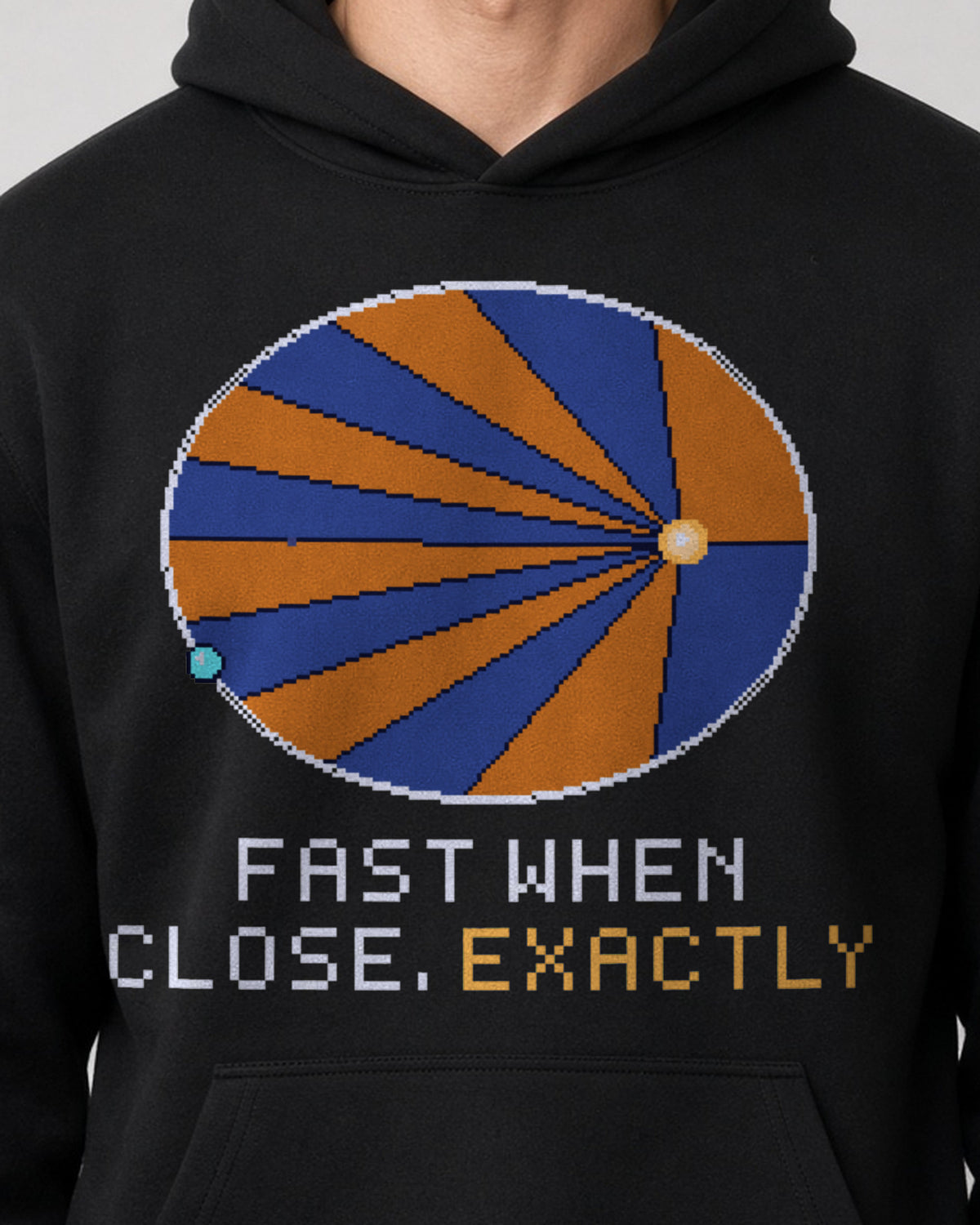 Black Kepler Orbit physics hoodie, pixel-art Kepler’s second law design, worn by a model, front close-up