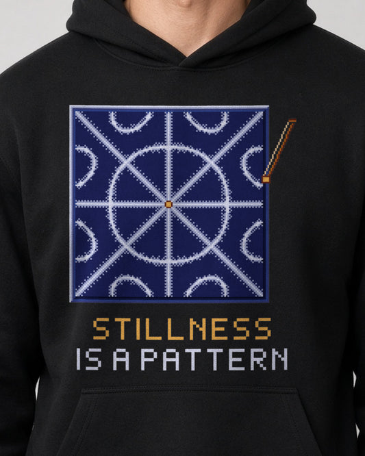 Black Nodal Lines physics hoodie, pixel-art Chladni figure design, worn by a model, front close-up
