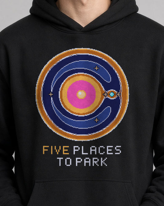 Black Lagrange Points physics hoodie, pixel-art Lagrange points design, worn by a model, front close-up