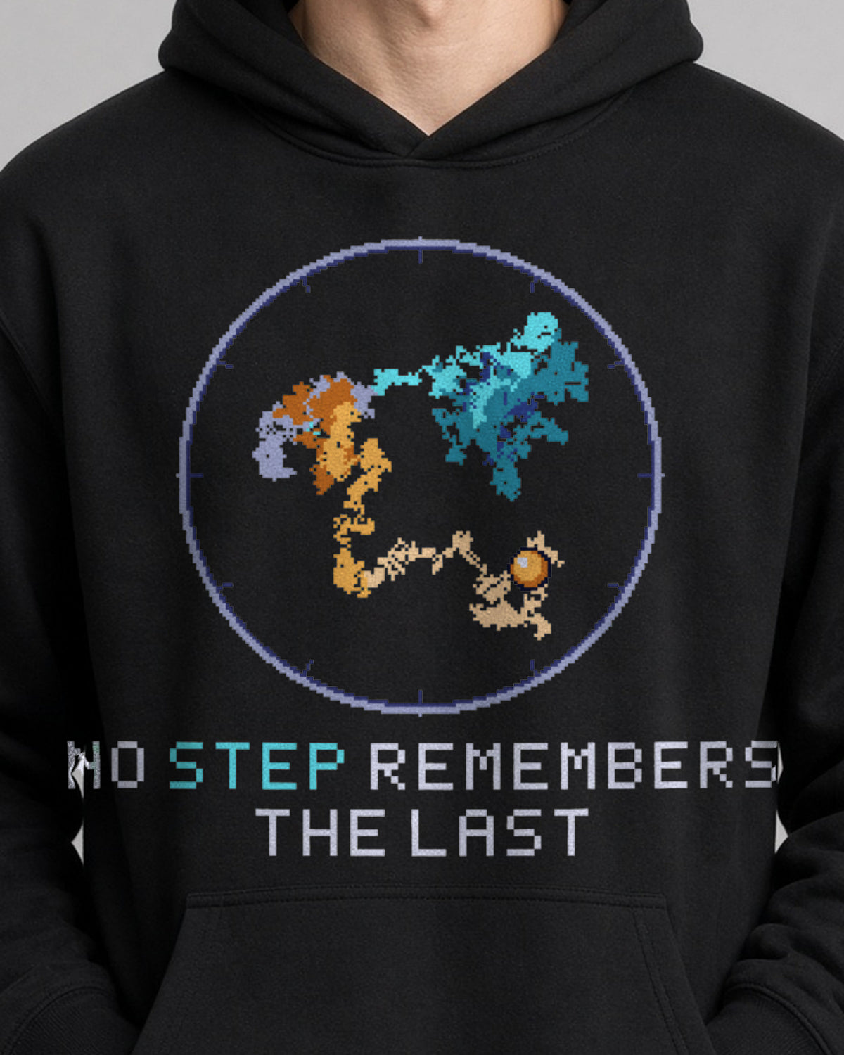 Black Brownian Motion physics hoodie, pixel-art Brownian motion design, worn by a model, front close-up