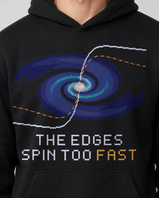 Black Rotation Curve physics hoodie, pixel-art galaxy rotation curve design, worn by a model, front close-up