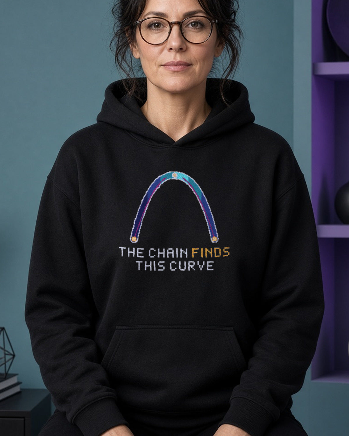 Black Catenary physics hoodie, pixel-art hanging chain / flexible cable under gravity design, worn by a model, front close-up
