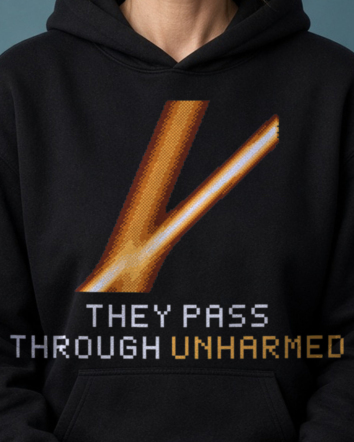 Black Soliton physics hoodie, pixel-art KdV soliton collision design, worn by a model, front close-up
