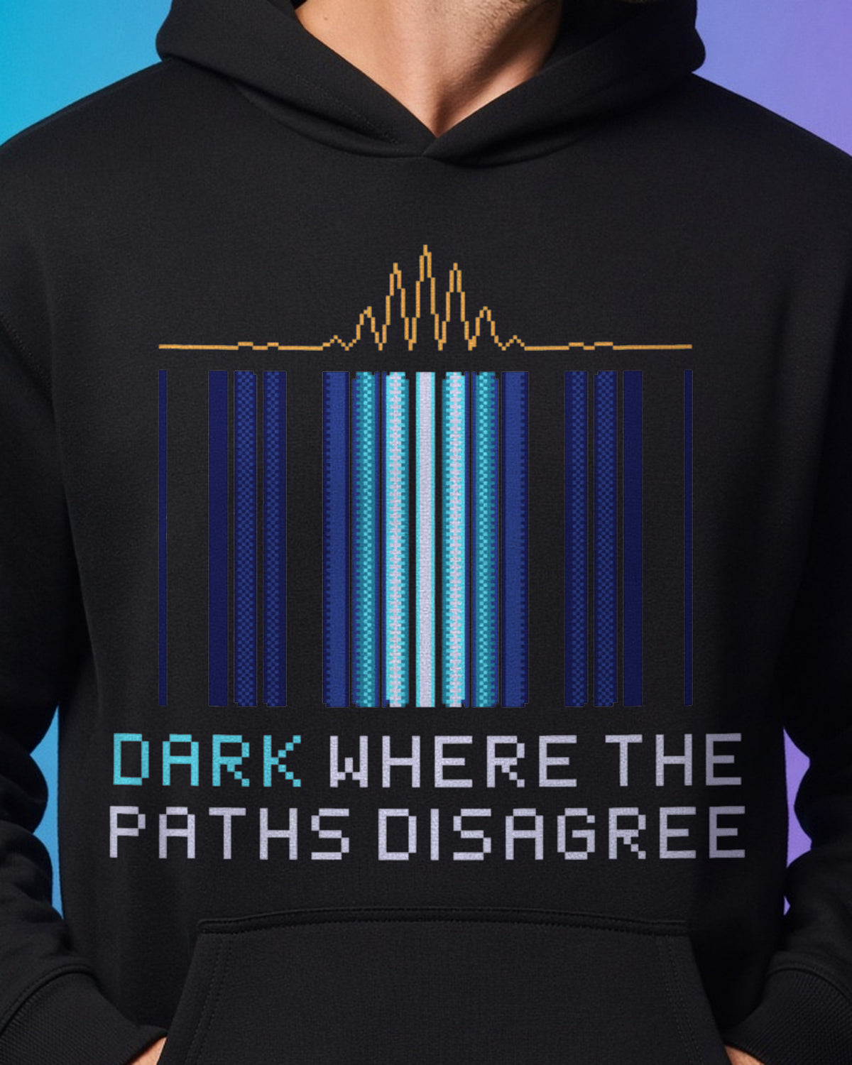Black Double Slit physics hoodie, pixel-art double-slit interference design, worn by a model, front close-up