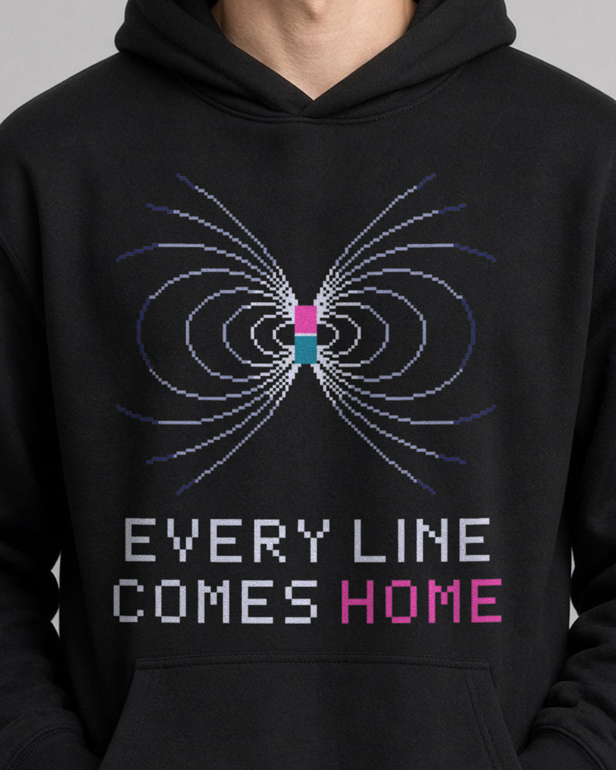 Black Magnetic Dipole physics hoodie, pixel-art magnetic dipole field design, worn by a model, front close-up