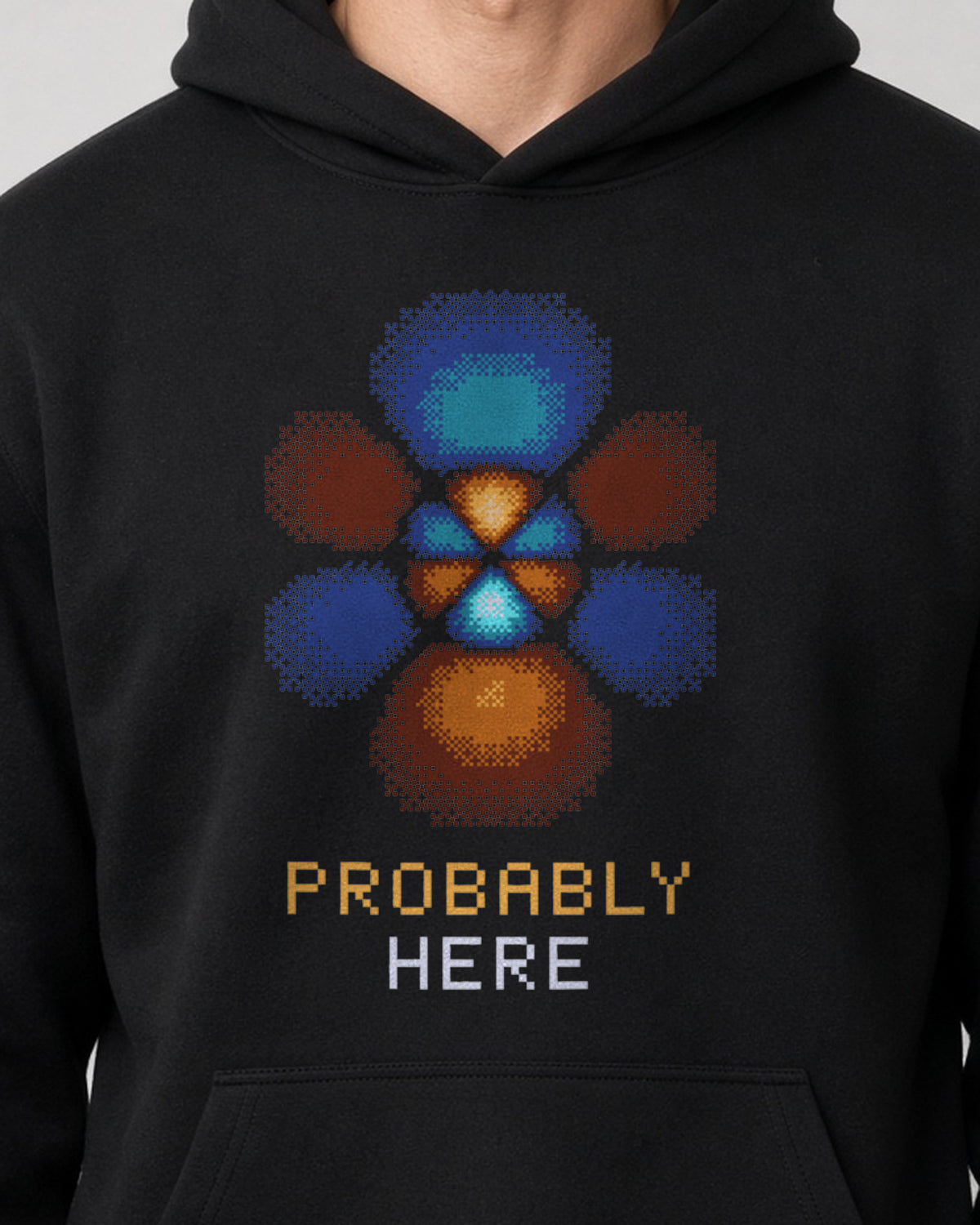 Black Probability Cloud physics hoodie, pixel-art hydrogen 5f orbital design, worn by a model, front close-up