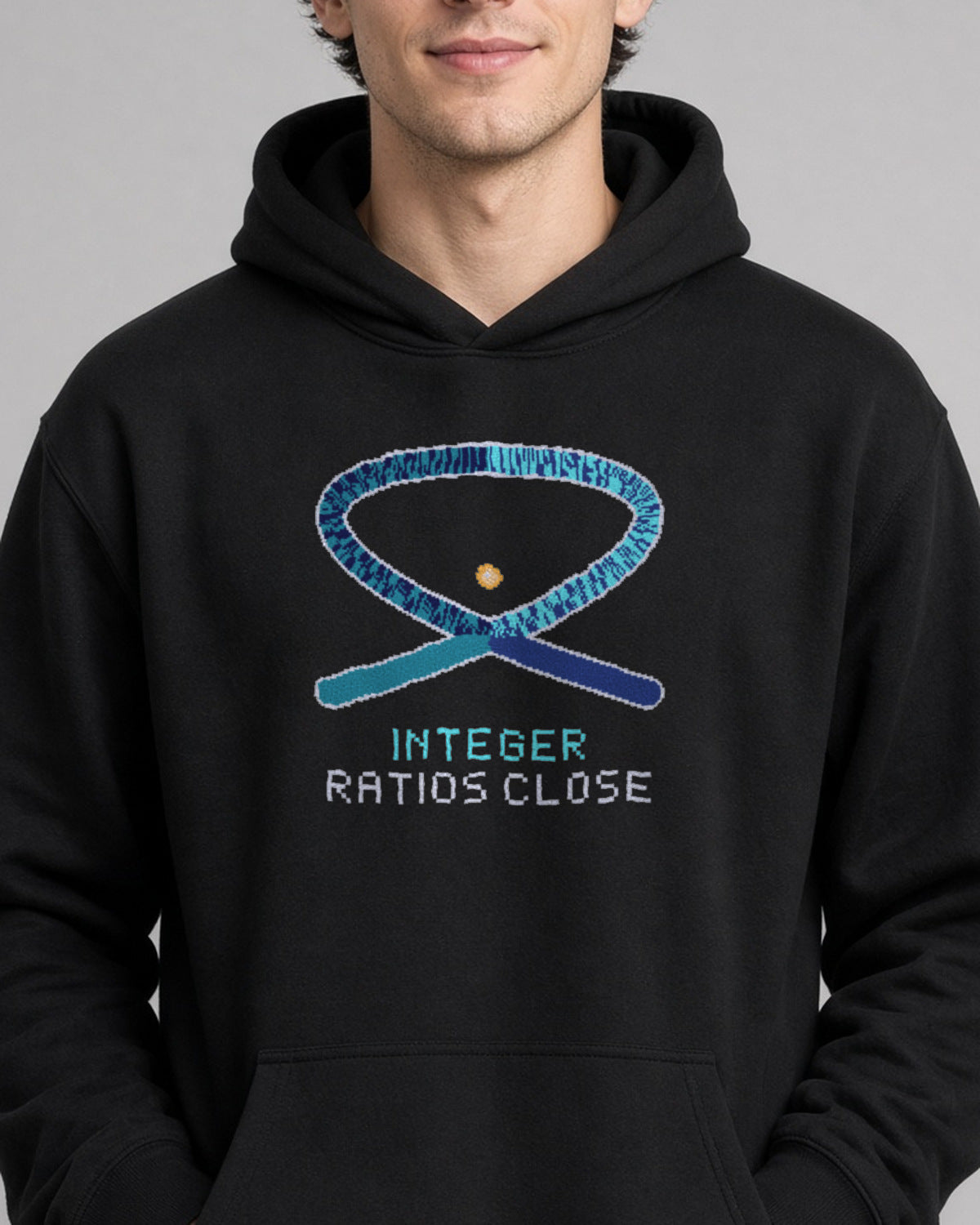 Black Lissajous physics hoodie, pixel-art Lissajous figure 3:2 phase π/2 design, worn by a model, front close-up